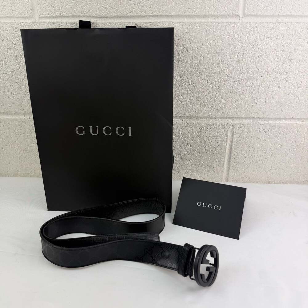 Gucci Interlocking G Leather GG Logo Dress Belt Black Adjustable Sz 40